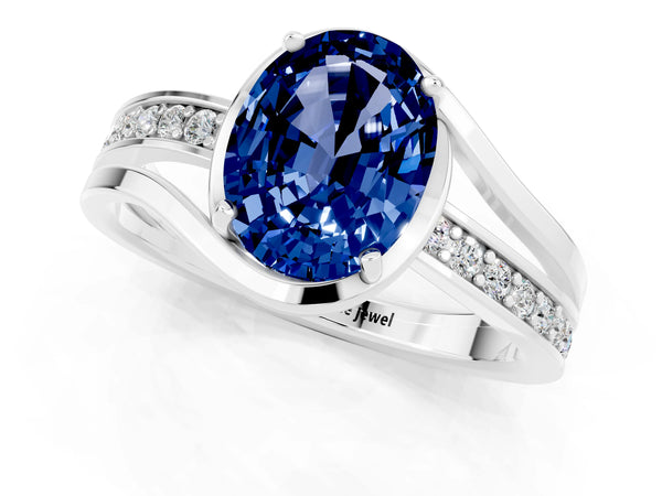 Silver Oval Cut Blue Sapphire Solitaire Ring with Split Shank and Prong Setting