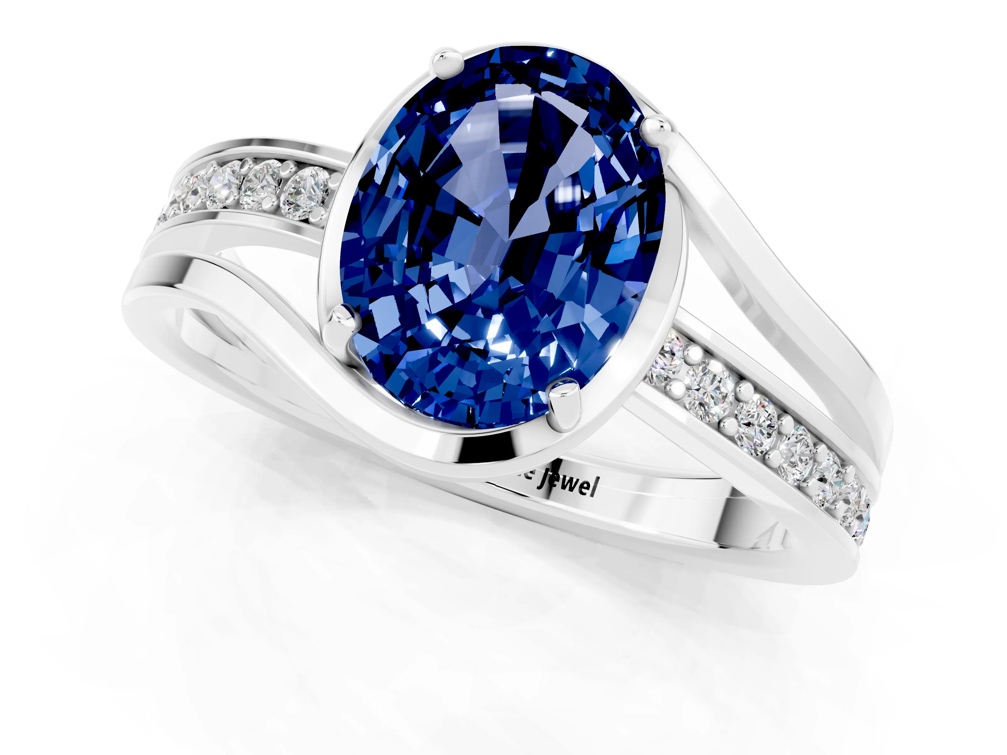 White gold Oval Cut Blue Sapphire Solitaire Ring with Split Shank and Prong Setting_1