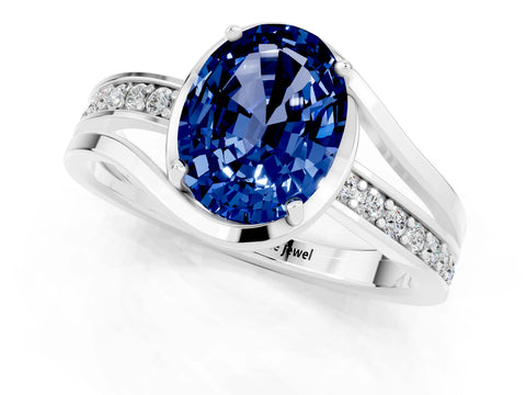 White gold Oval Cut Blue Sapphire Solitaire Ring with Split Shank and Prong Setting_1