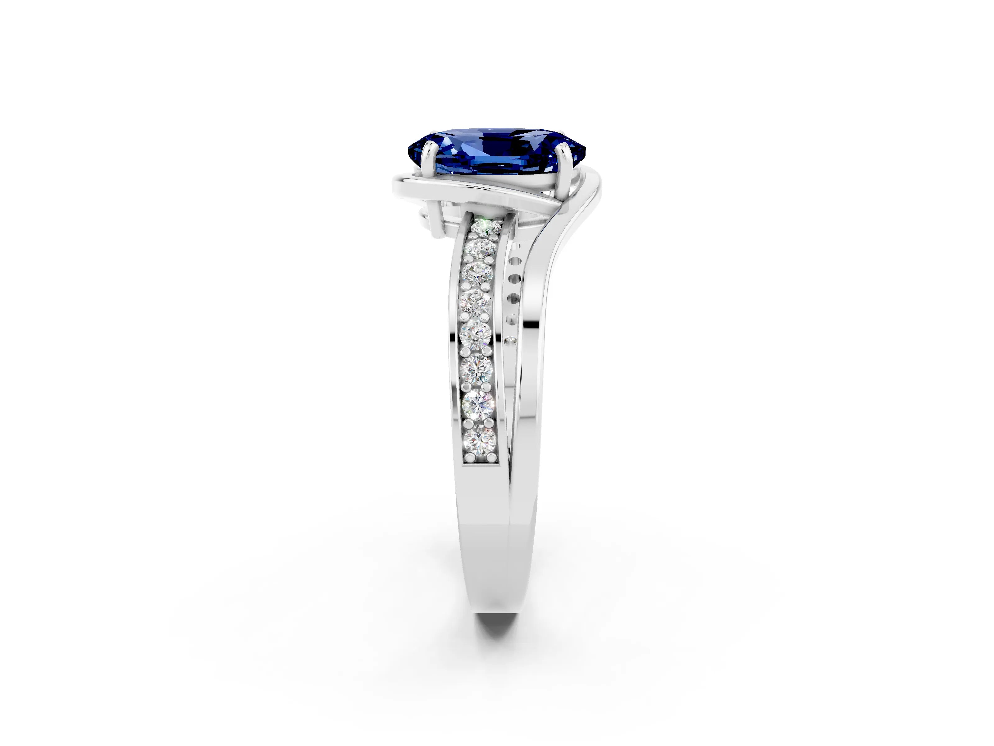 White gold Oval Cut Blue Sapphire Solitaire Ring with Split Shank and Prong Setting_2