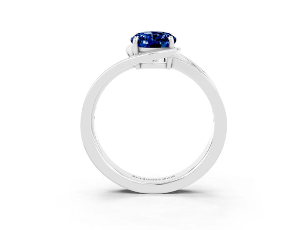 White gold Oval Cut Blue Sapphire Solitaire Ring with Split Shank and Prong Setting