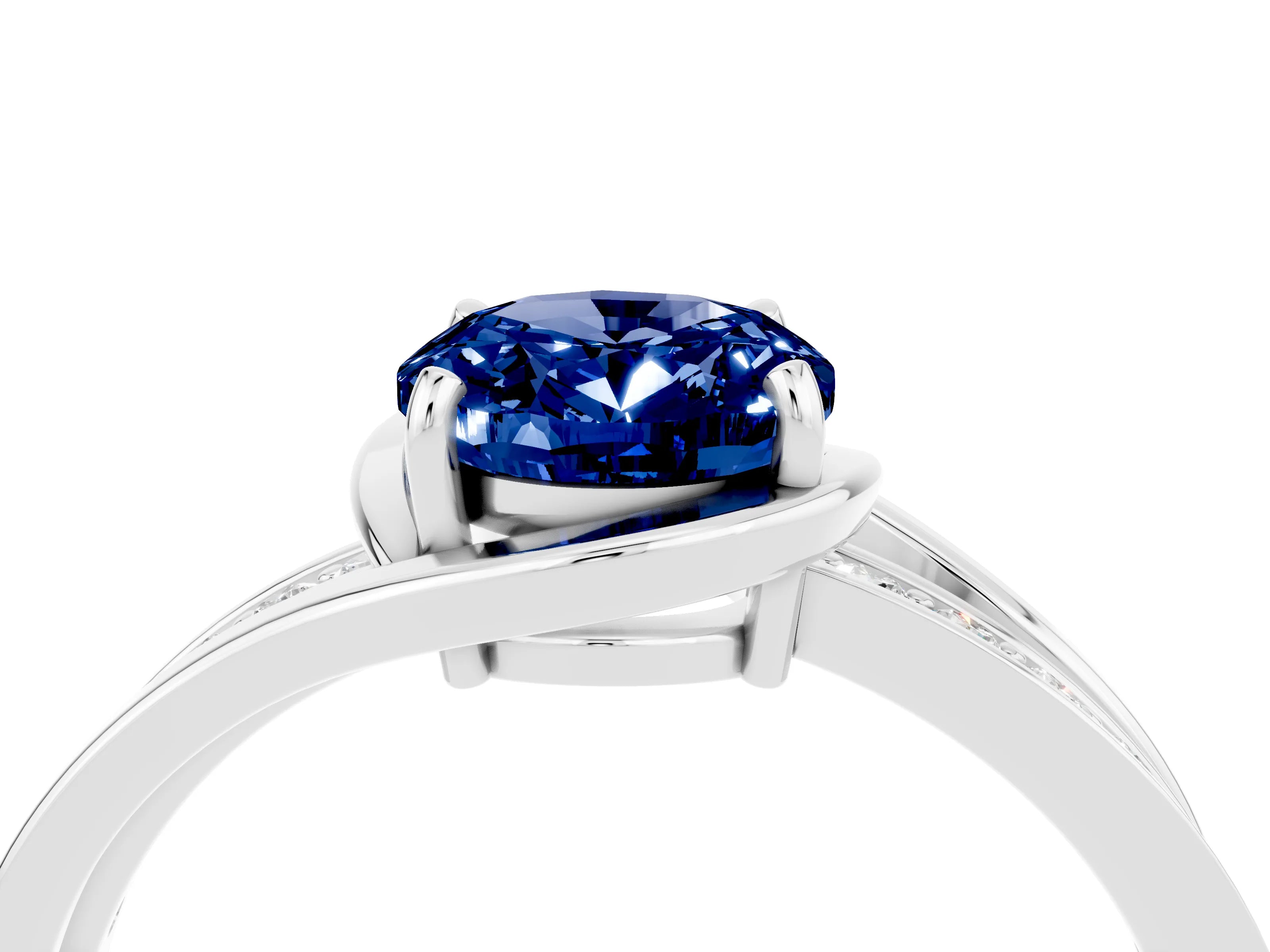 White gold Oval Cut Blue Sapphire Solitaire Ring with Split Shank and Prong Setting_4