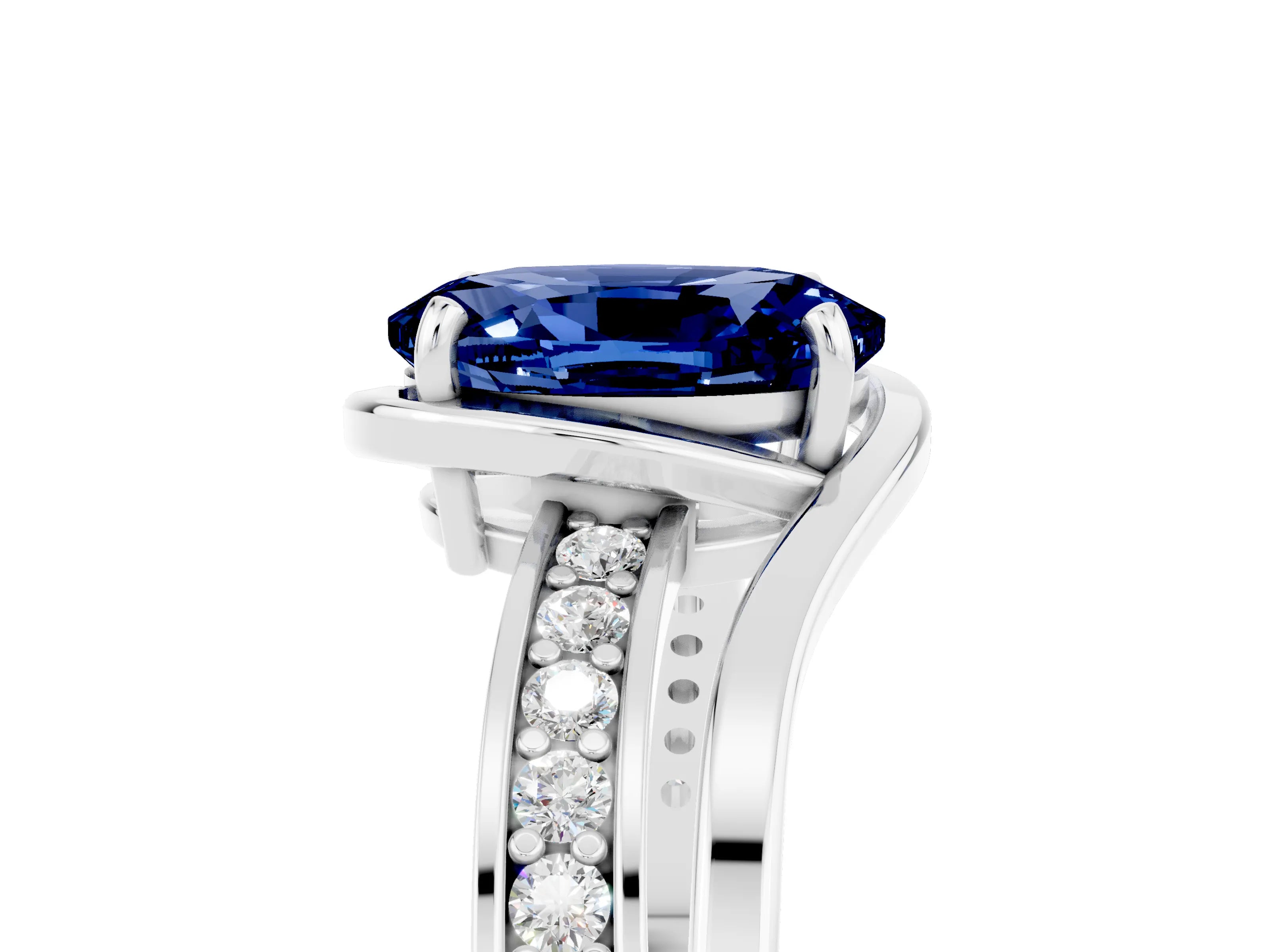 White gold Oval Cut Blue Sapphire Solitaire Ring with Split Shank and Prong Setting_5