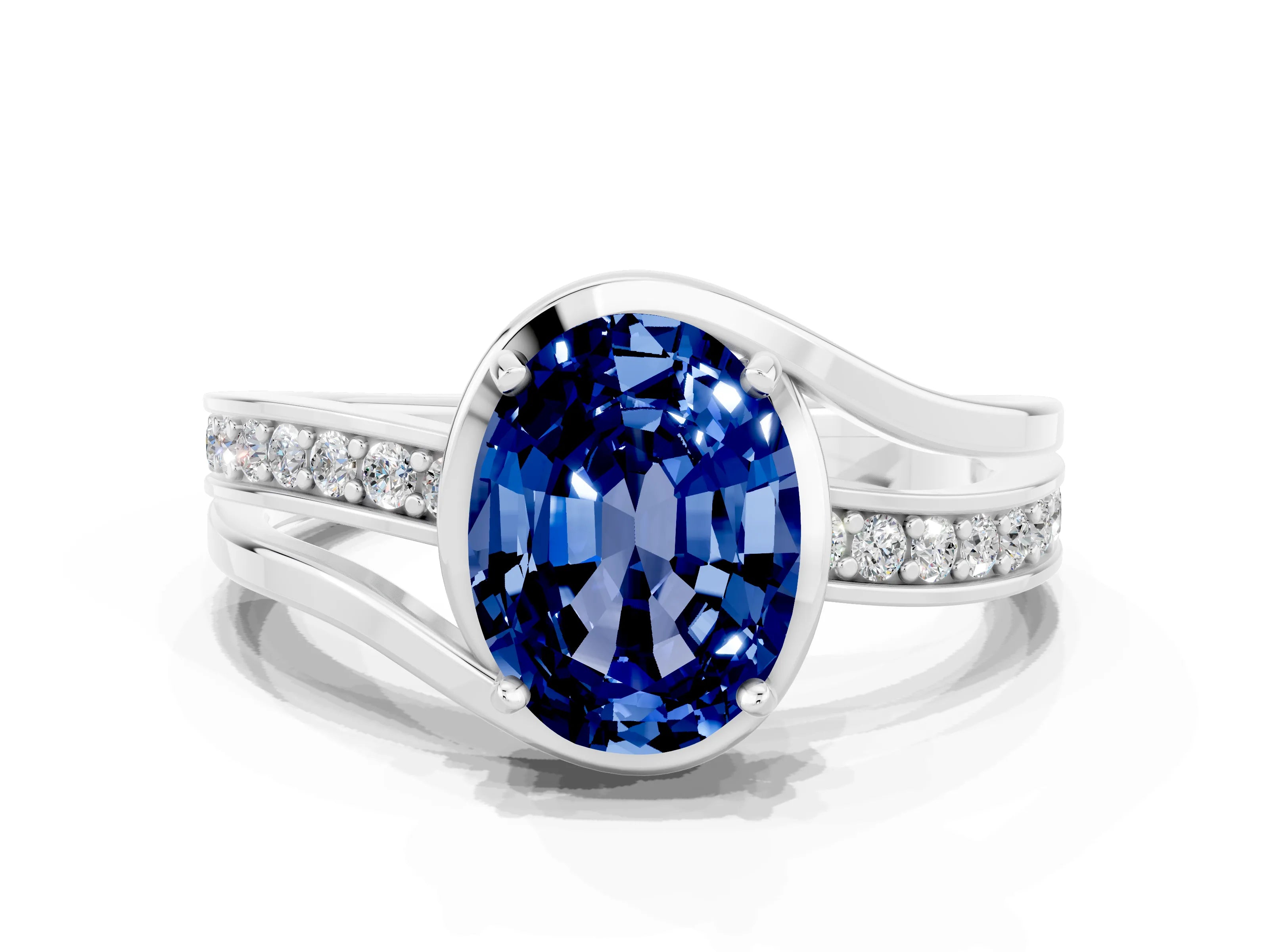 White gold Oval Cut Blue Sapphire Solitaire Ring with Split Shank and Prong Setting
