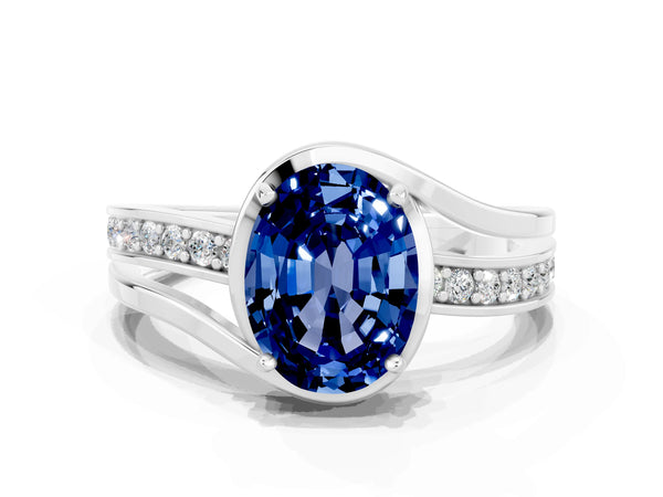 Silver Oval Cut Blue Sapphire Solitaire Ring with Split Shank and Prong Setting