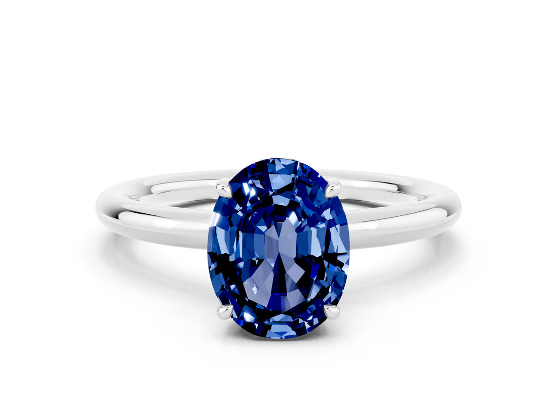 White gold Oval Cut Blue Sapphire Solitaire Ring with Thin Band and Four-Prong Setting_12
