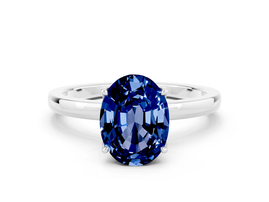 White gold Oval Cut Blue Sapphire Solitaire Ring with Thin Band and Prong Setting_12