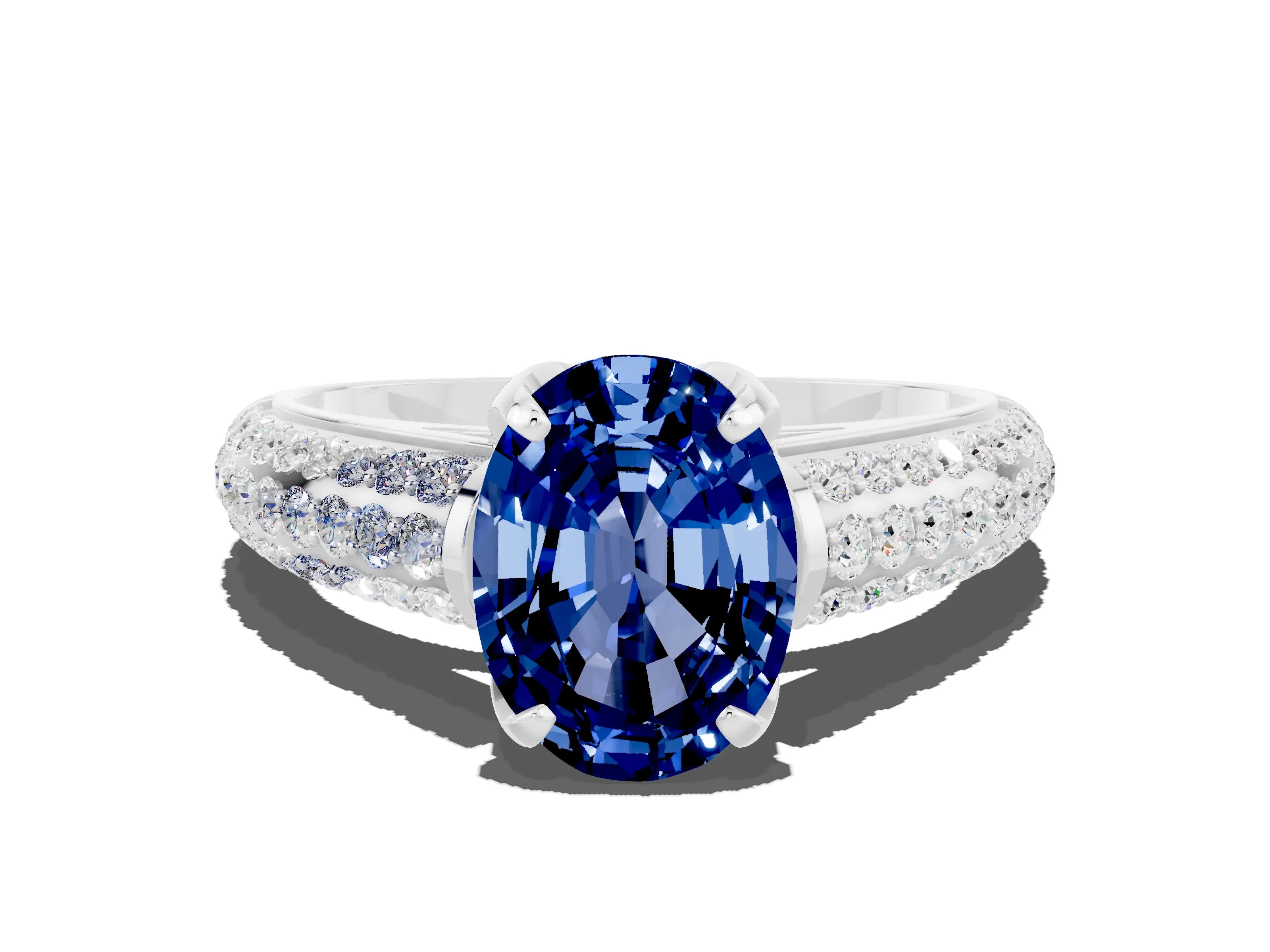 White gold Oval Cut Blue Sapphire Solitaire Ring with Three-Row Pavé Band and Four-Prong Setting_12