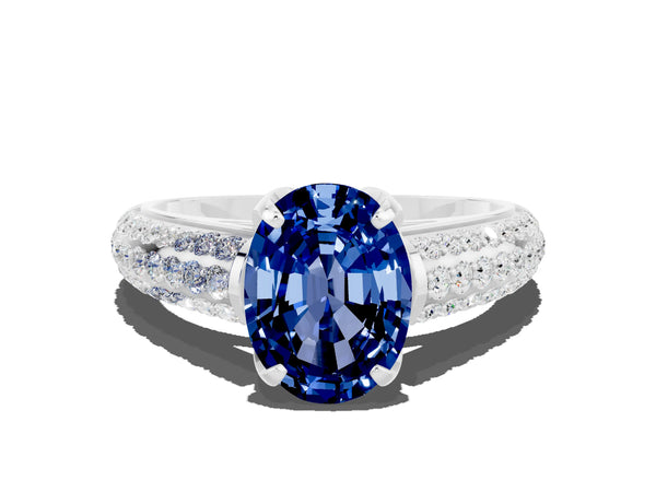 White gold Oval Cut Blue Sapphire Solitaire Ring with Three-Row Pavé Band and Four-Prong Setting
