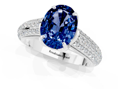 White gold Oval Cut Blue Sapphire Solitaire Ring with Three-Row Pavé Band and Four-Prong Setting_13
