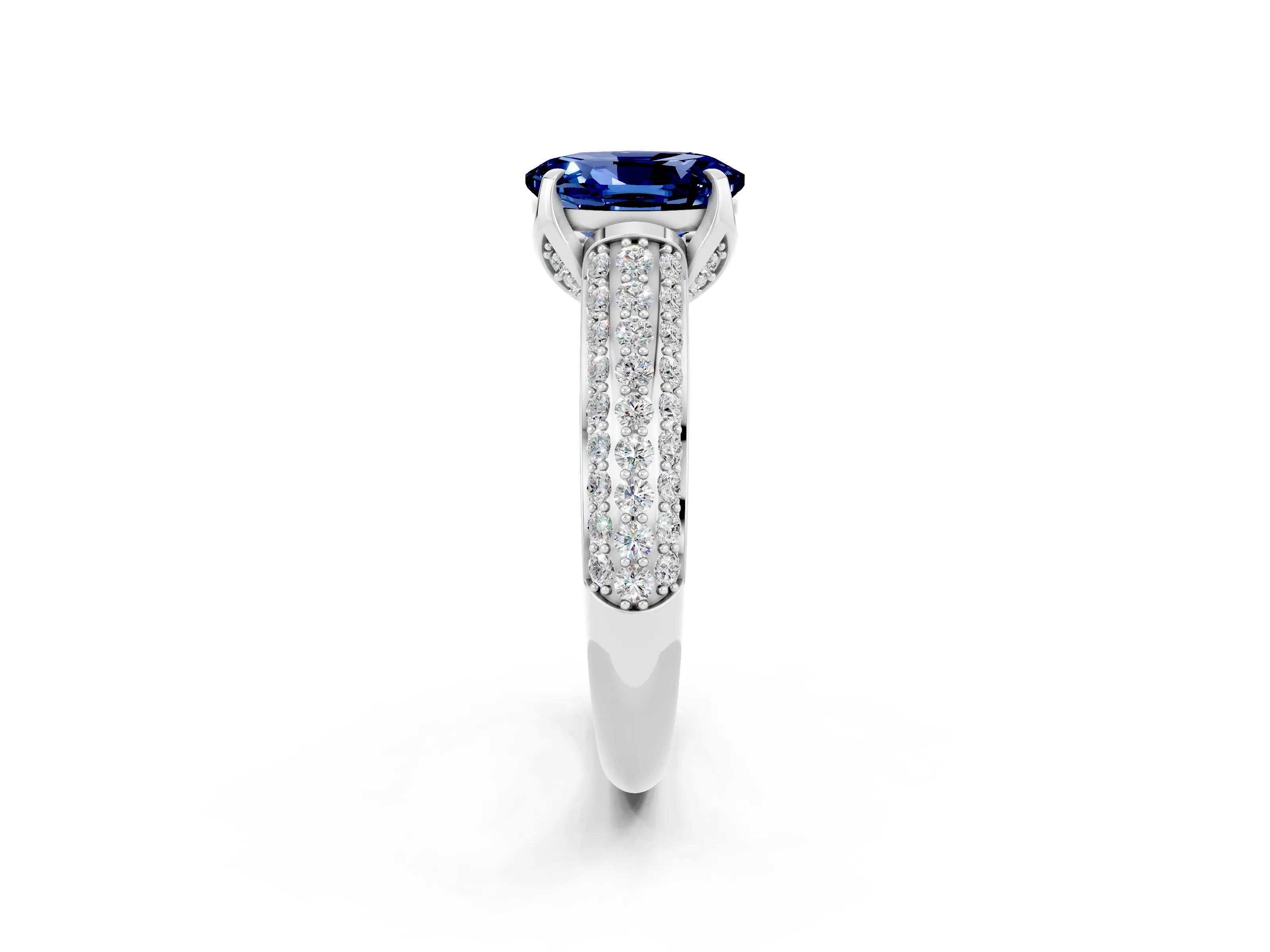 White gold Oval Cut Blue Sapphire Solitaire Ring with Three-Row Pavé Band and Four-Prong Setting_14