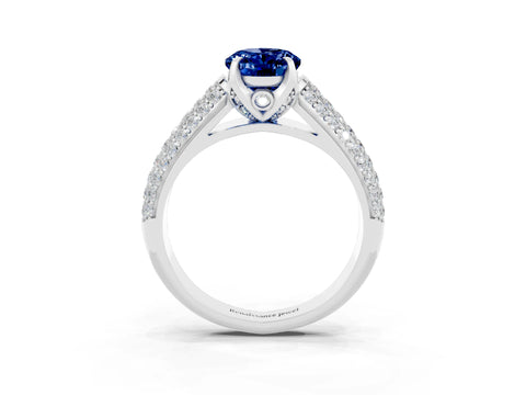 White gold Oval Cut Blue Sapphire Solitaire Ring with Three-Row Pavé Band and Four-Prong Setting_15