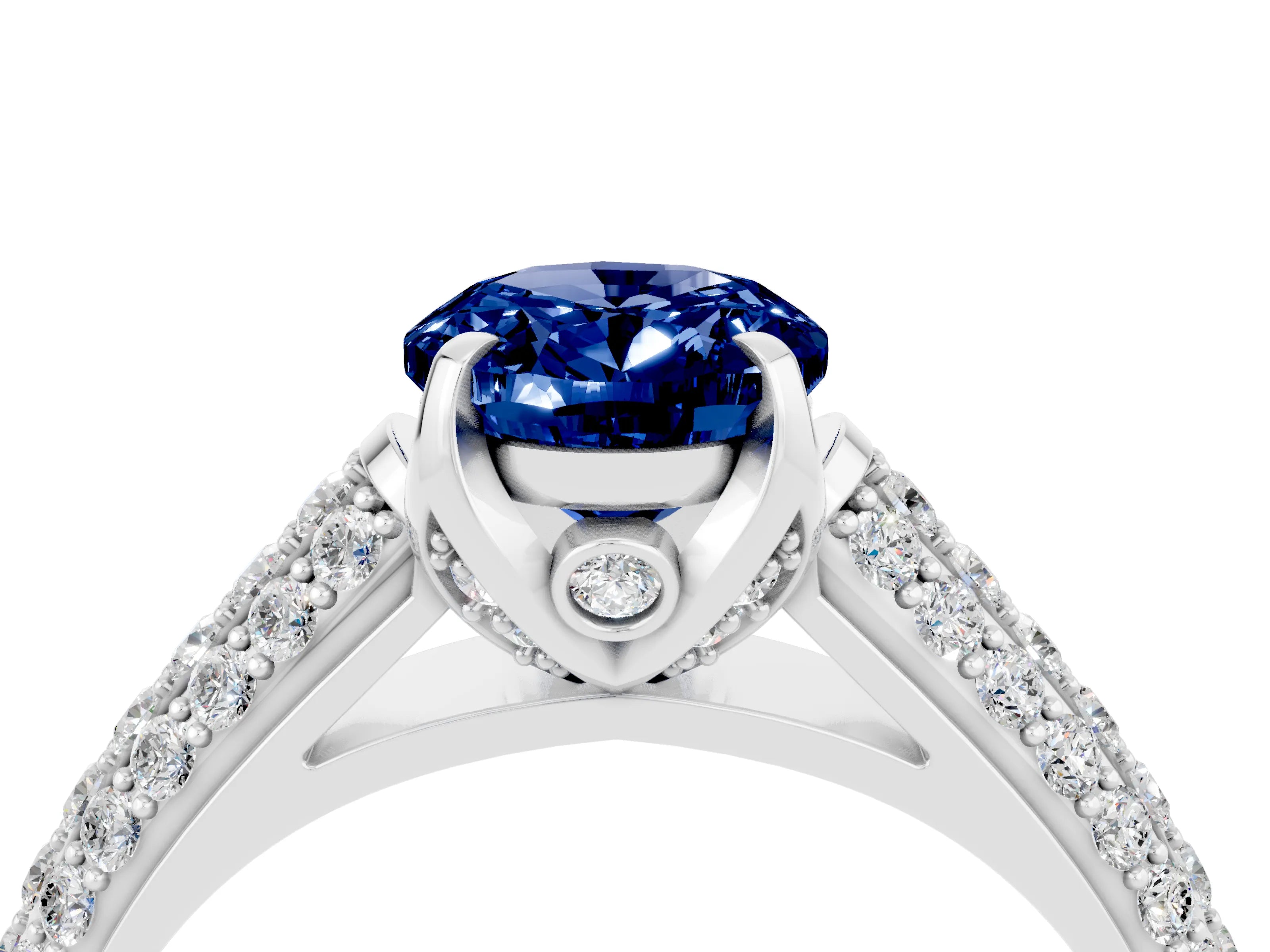 White gold Oval Cut Blue Sapphire Solitaire Ring with Three-Row Pavé Band and Four-Prong Setting_16