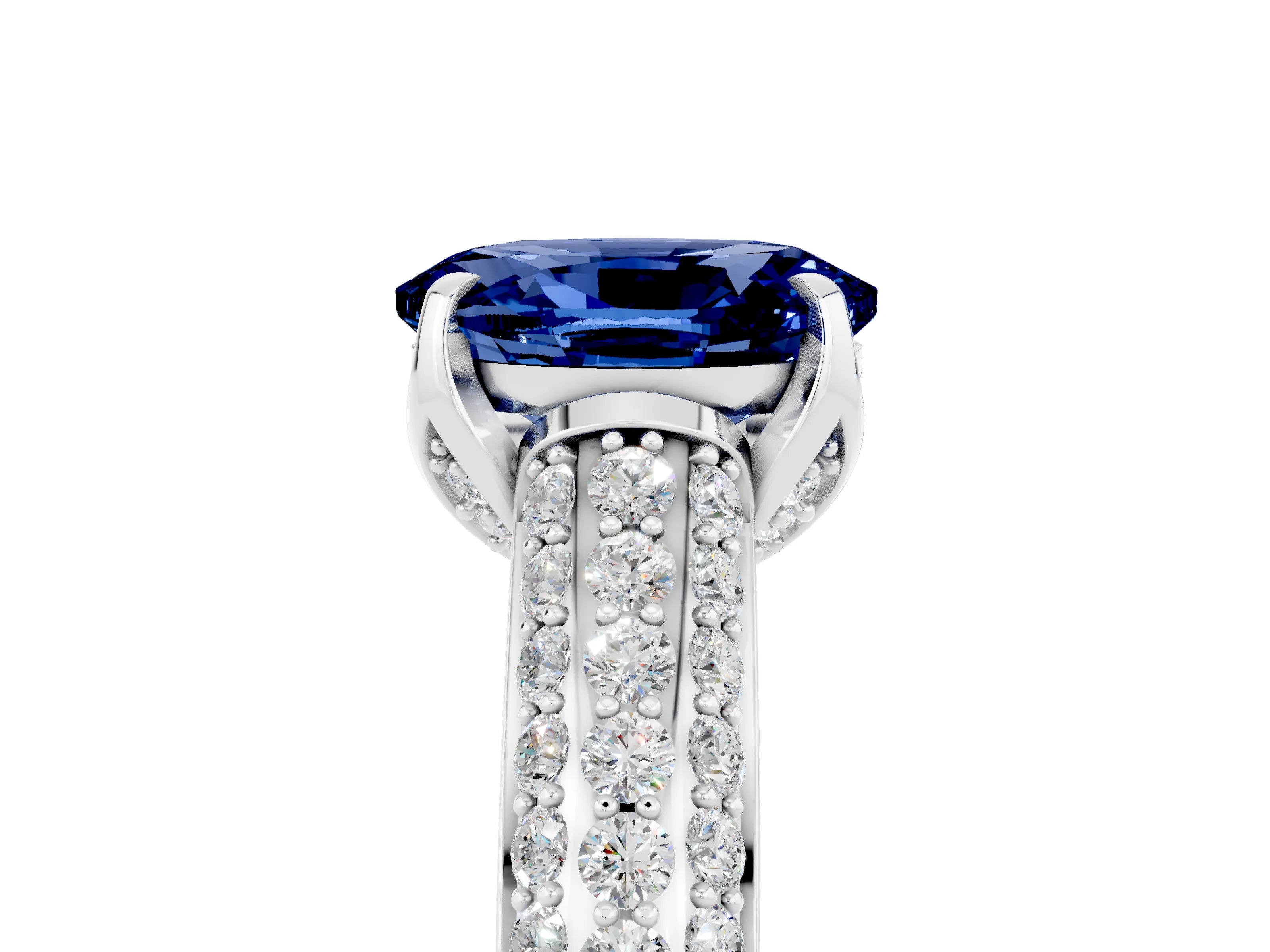 White gold Oval Cut Blue Sapphire Solitaire Ring with Three-Row Pavé Band and Four-Prong Setting_17