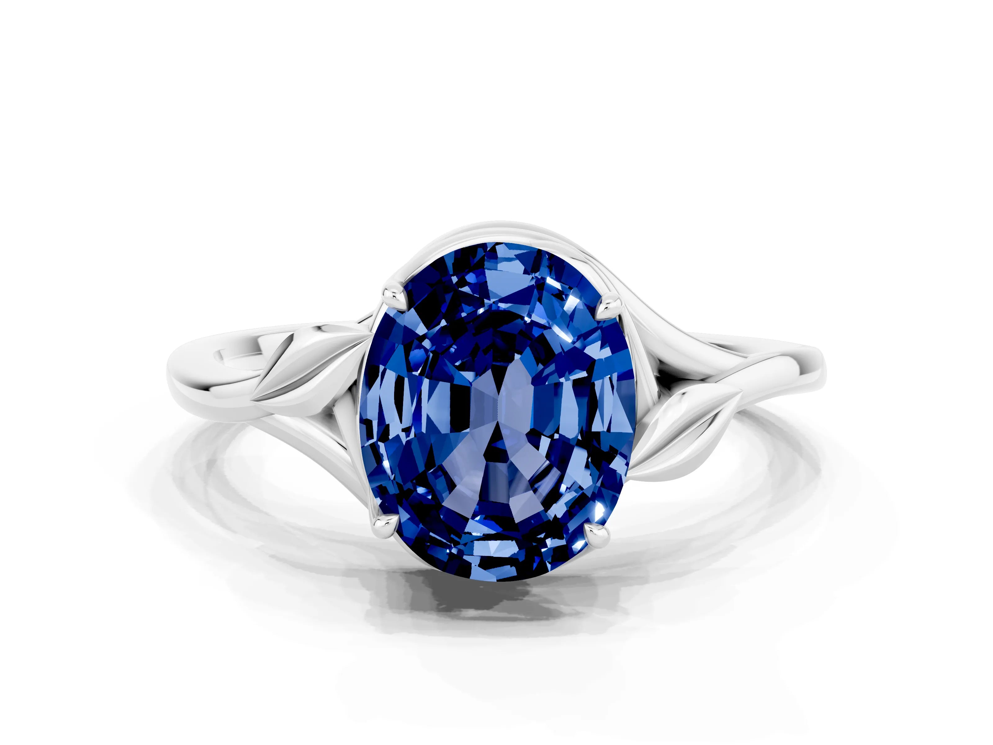 White gold Oval Cut Blue Sapphire Solitaire Ring with Twist Band and Four-Prong Setting_12