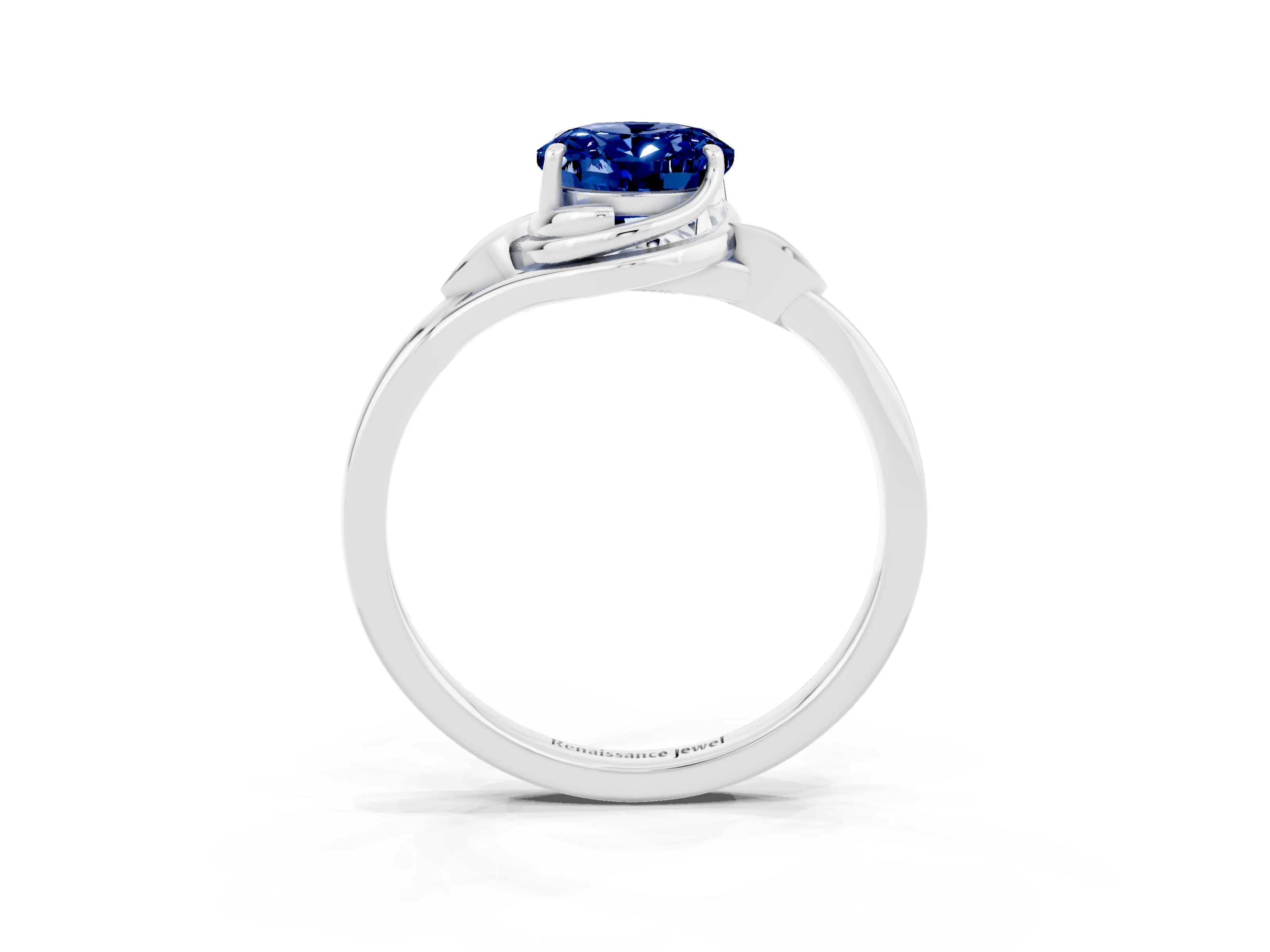 White gold Oval Cut Blue Sapphire Solitaire Ring with Twist Band and Four-Prong Setting_15