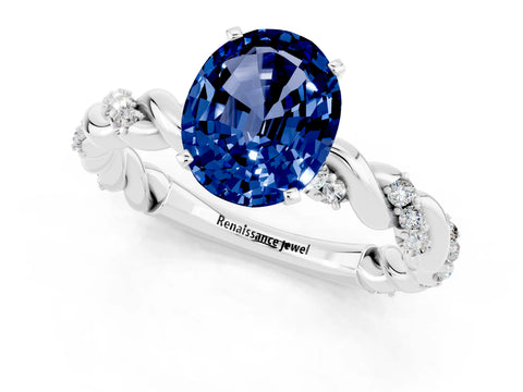 White gold Oval Cut Blue Sapphire Solitaire Ring with Twisted Band and Pavé Accents_1