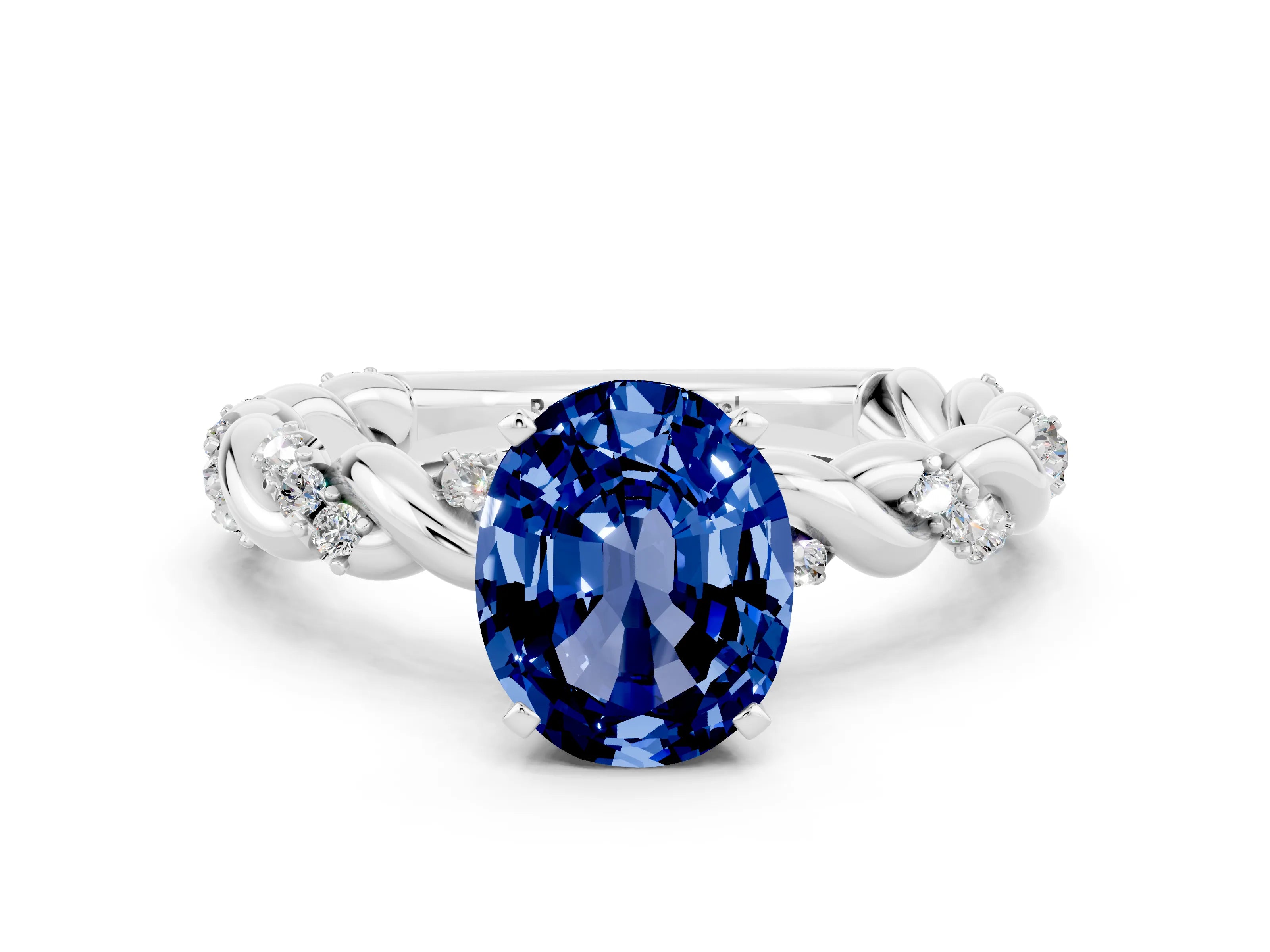 White gold Oval Cut Blue Sapphire Solitaire Ring with Twisted Band and Pavé Accents