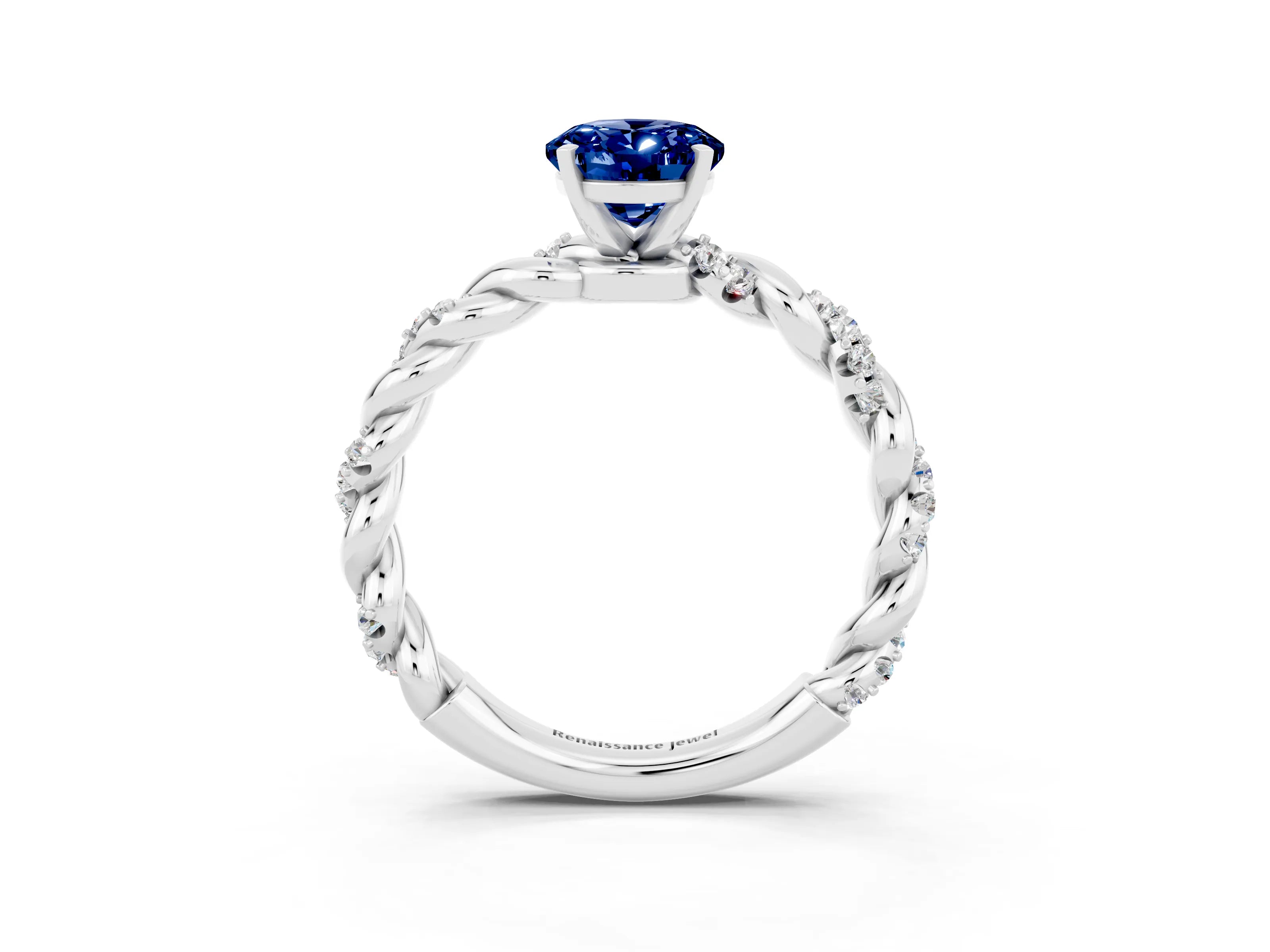White gold Oval Cut Blue Sapphire Solitaire Ring with Twisted Band and Pavé Accents_3