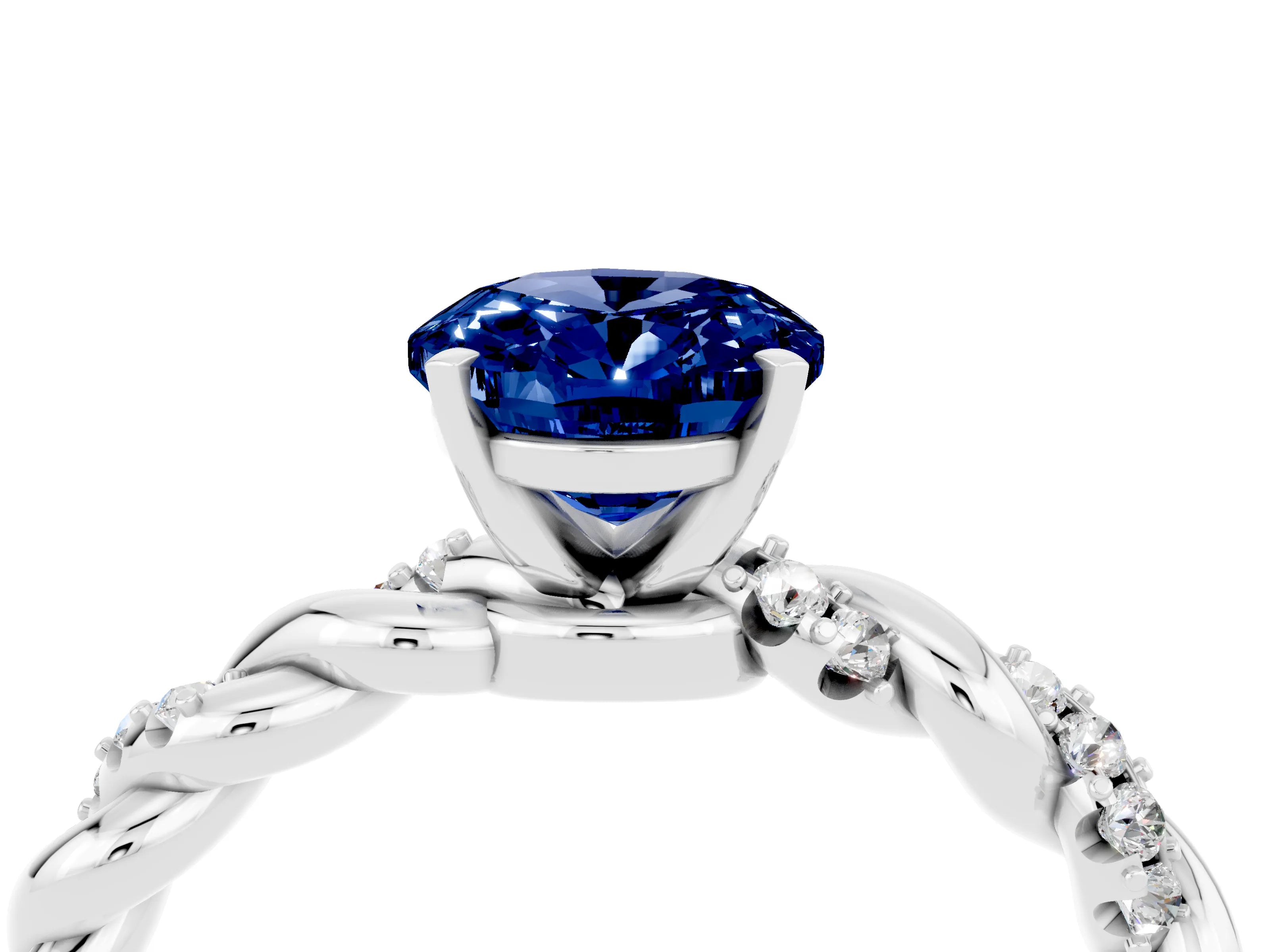 White gold Oval Cut Blue Sapphire Solitaire Ring with Twisted Band and Pavé Accents_4