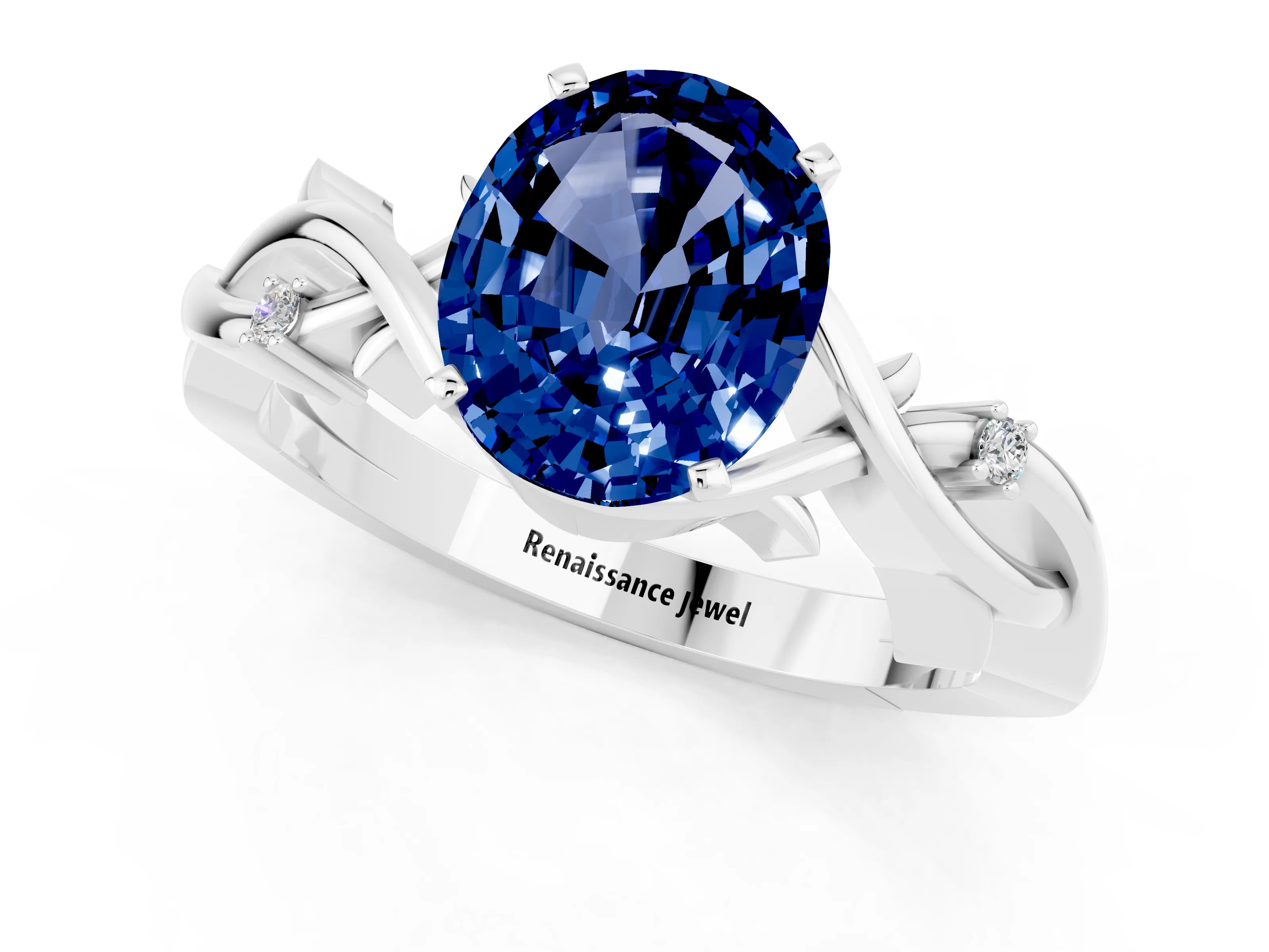 White gold Oval Cut Blue Sapphire Solitaire Ring with Twisted Band and Prong Setting_1