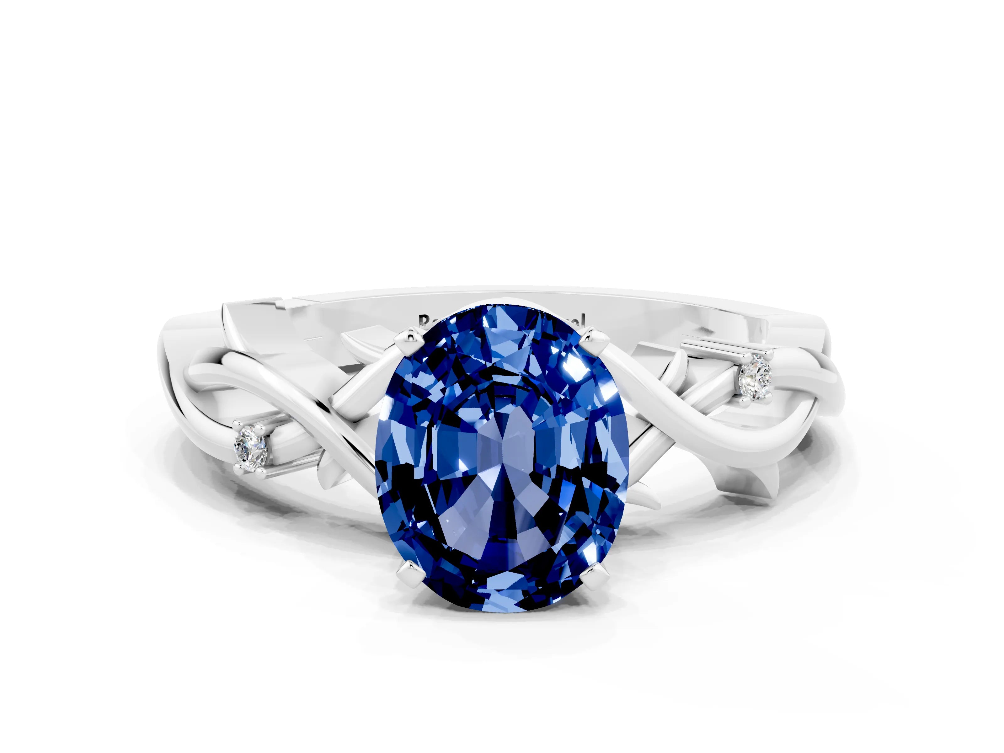 White gold Oval Cut Blue Sapphire Solitaire Ring with Twisted Band and Prong Setting_12