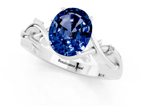 White gold Oval Cut Blue Sapphire Solitaire Ring with Twisted Band and Prong Setting_13