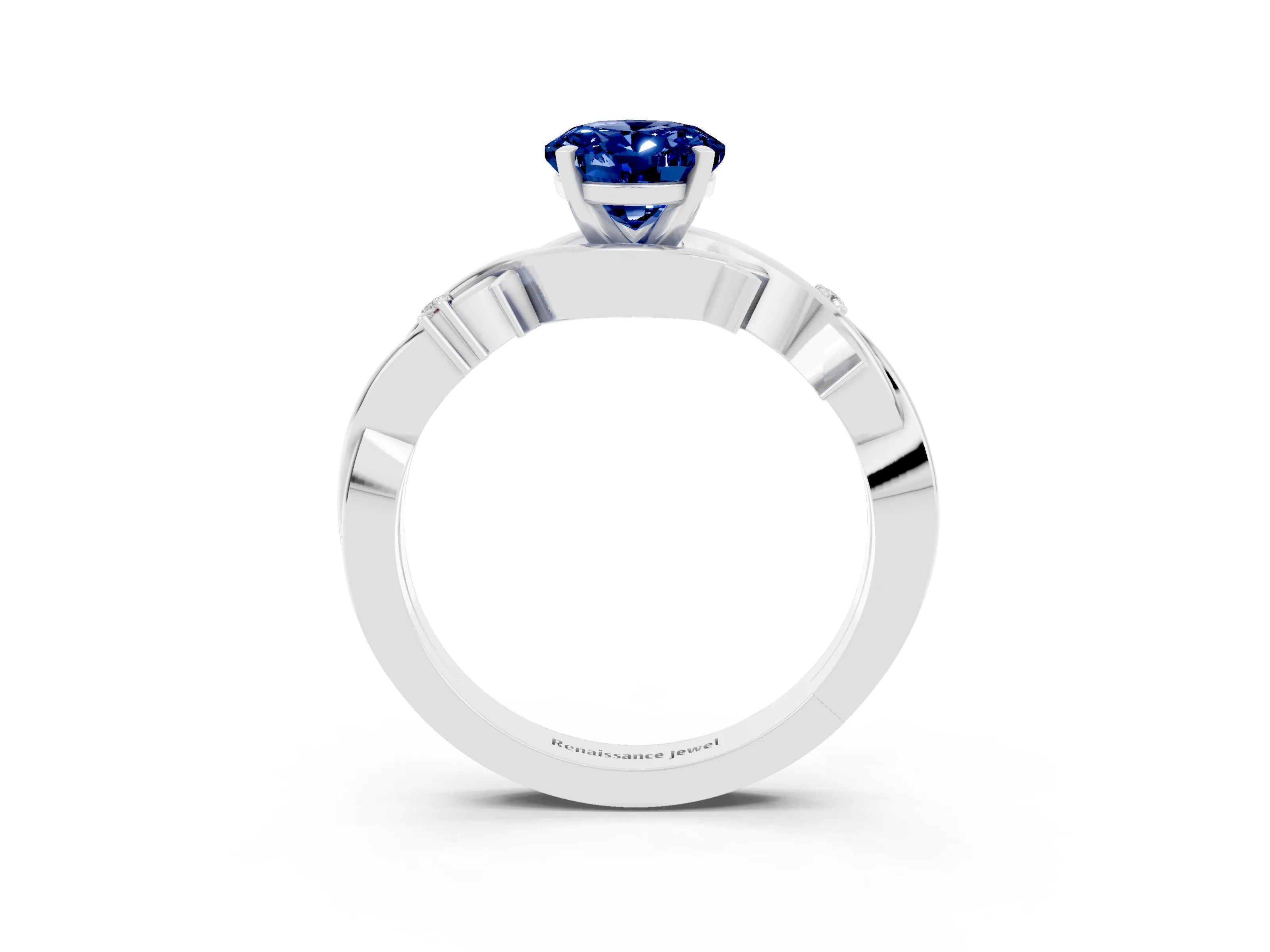 White gold Oval Cut Blue Sapphire Solitaire Ring with Twisted Band and Prong Setting_15