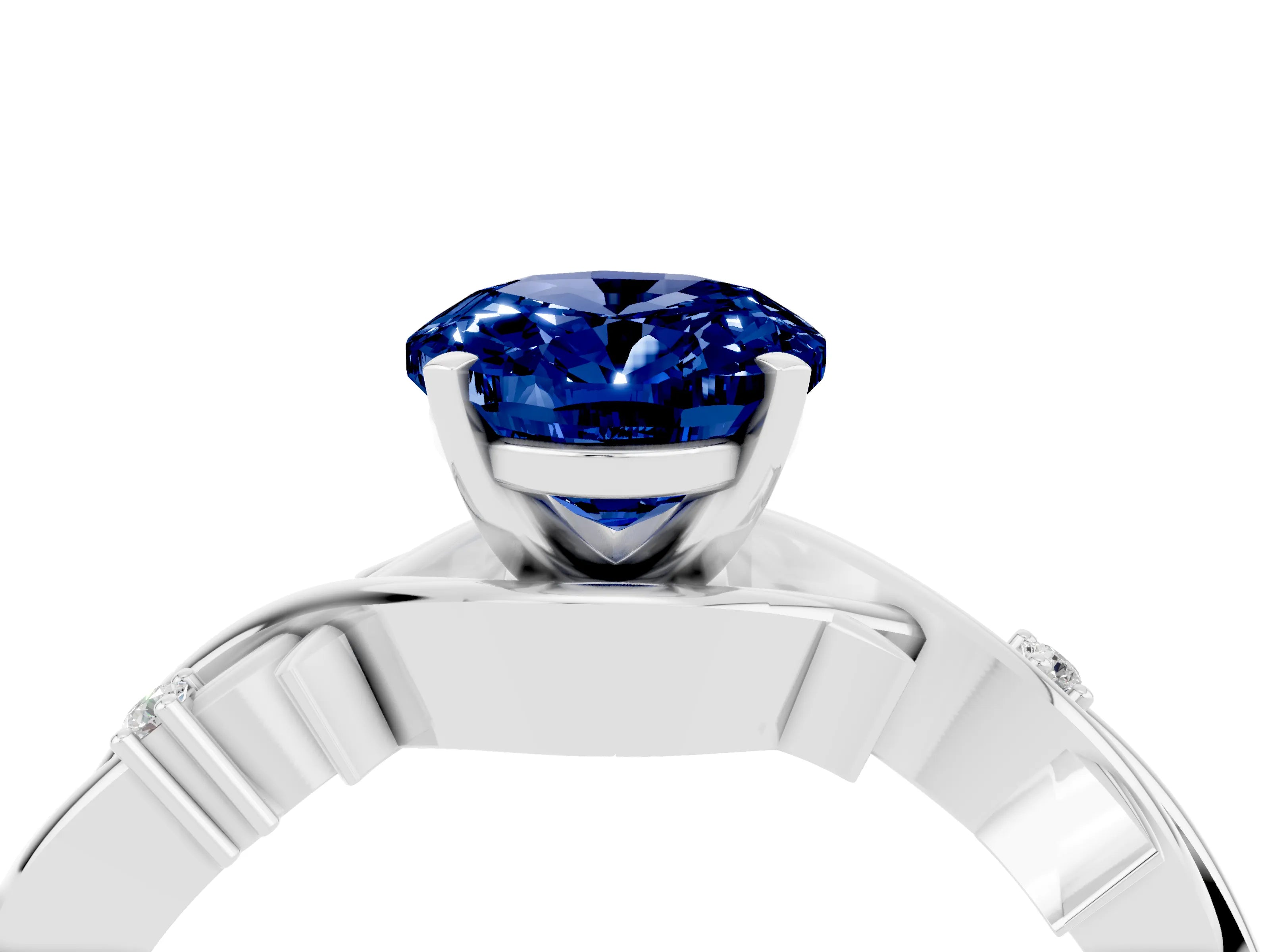 White gold Oval Cut Blue Sapphire Solitaire Ring with Twisted Band and Prong Setting_16