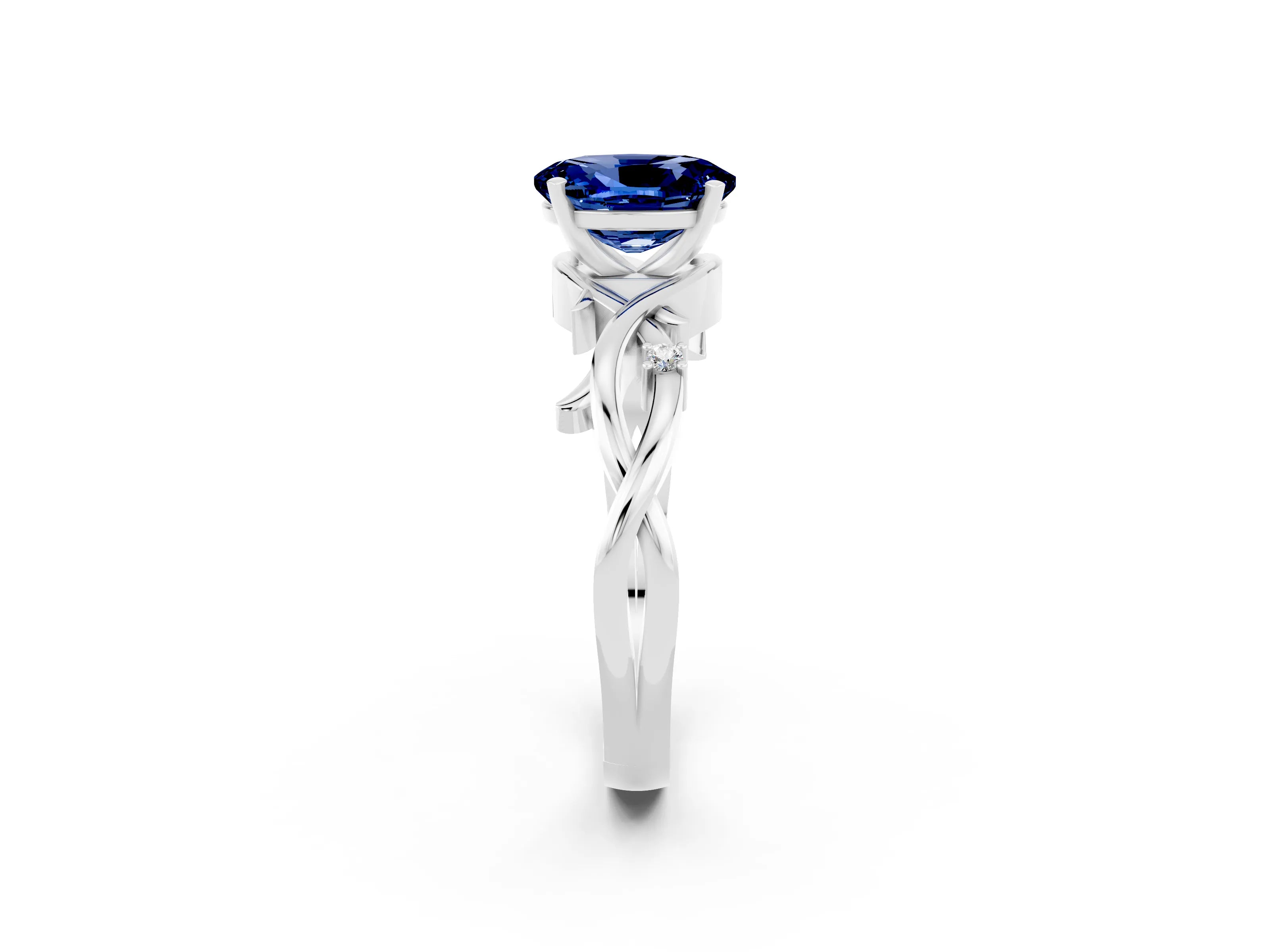 White gold Oval Cut Blue Sapphire Solitaire Ring with Twisted Band and Prong Setting_2