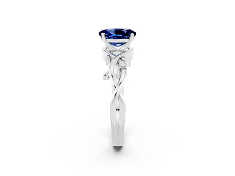 White gold Oval Cut Blue Sapphire Solitaire Ring with Twisted Band and Prong Setting_2