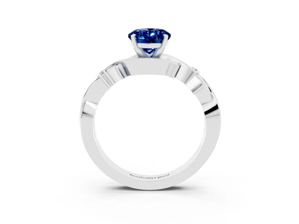 Silver Oval Cut Blue Sapphire Solitaire Ring with Twisted Band and Prong Setting
