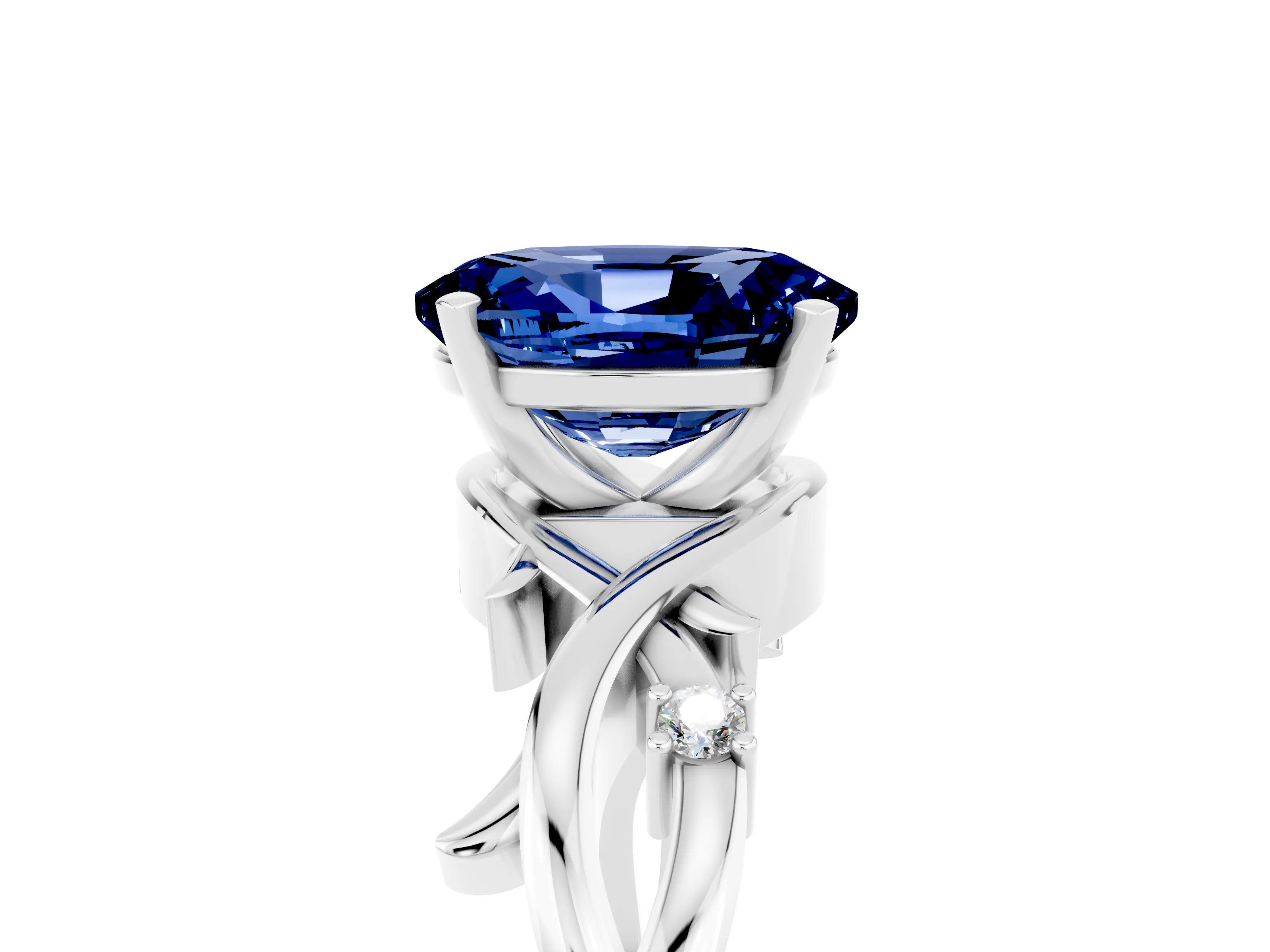 White gold Oval Cut Blue Sapphire Solitaire Ring with Twisted Band and Prong Setting_5