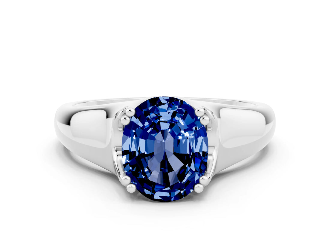 White gold Oval Cut Blue Sapphire Solitaire Ring with Wide Band and Prong Setting