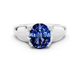 White gold Oval Cut Blue Sapphire Solitaire Ring with Wide Band and Prong Setting