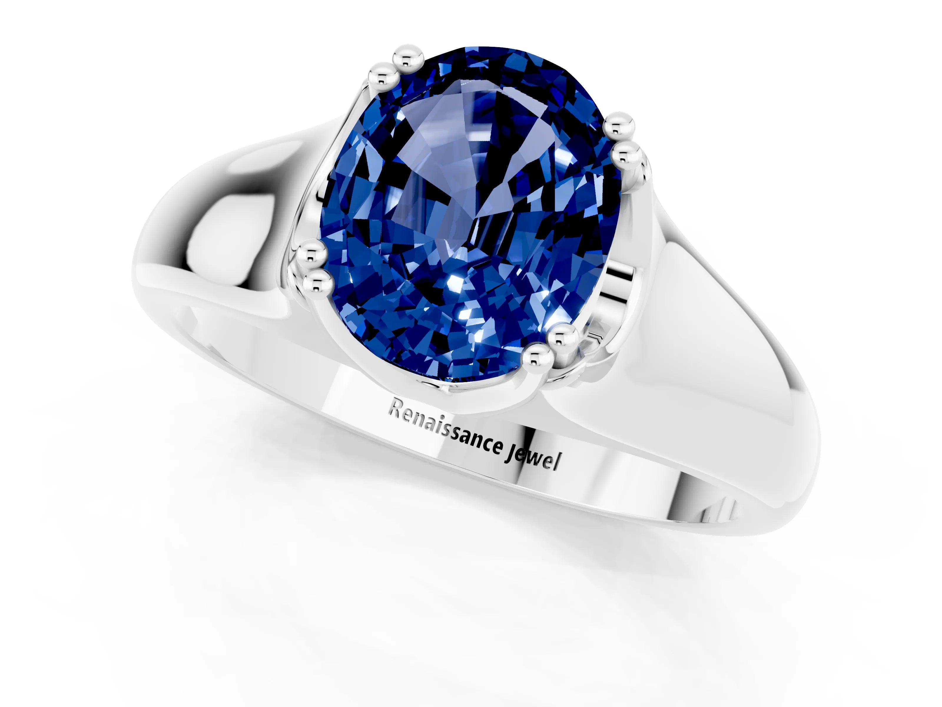 White gold Oval Cut Blue Sapphire Solitaire Ring with Wide Band and Prong Setting_1