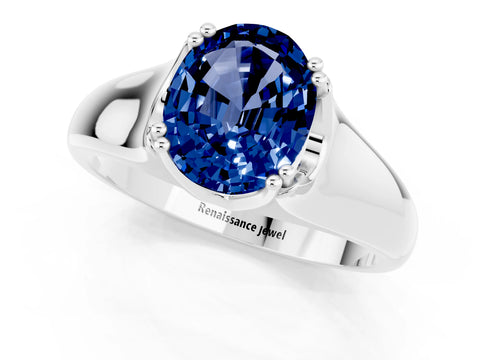 White gold Oval Cut Blue Sapphire Solitaire Ring with Wide Band and Prong Setting_1