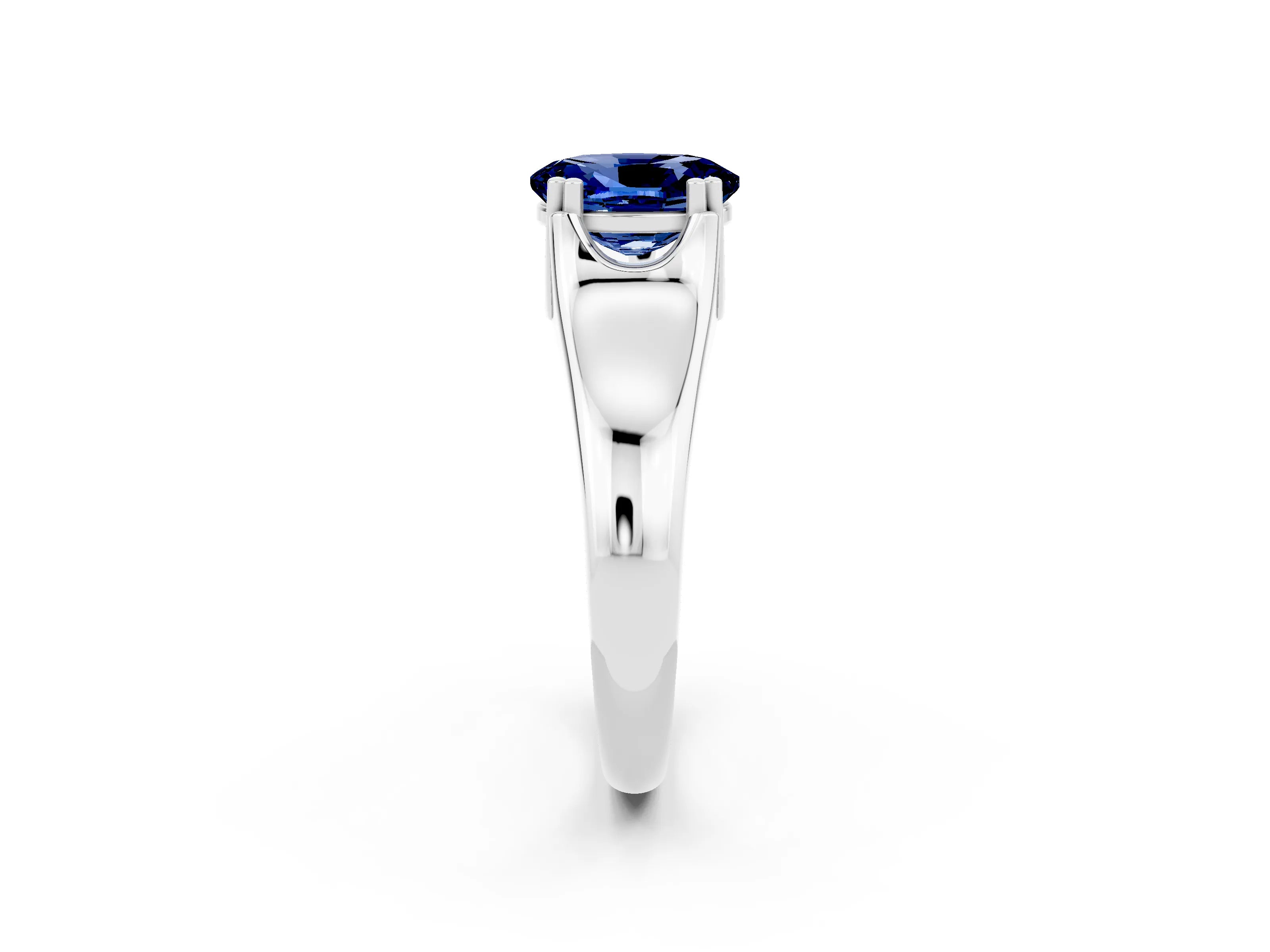 White gold Oval Cut Blue Sapphire Solitaire Ring with Wide Band and Prong Setting_2