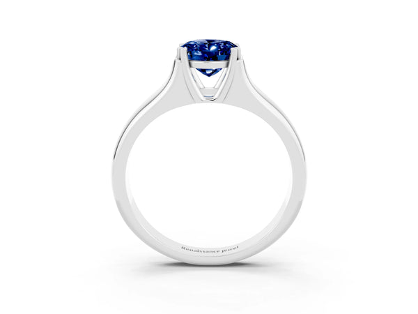 White gold Oval Cut Blue Sapphire Solitaire Ring with Wide Band and Prong Setting