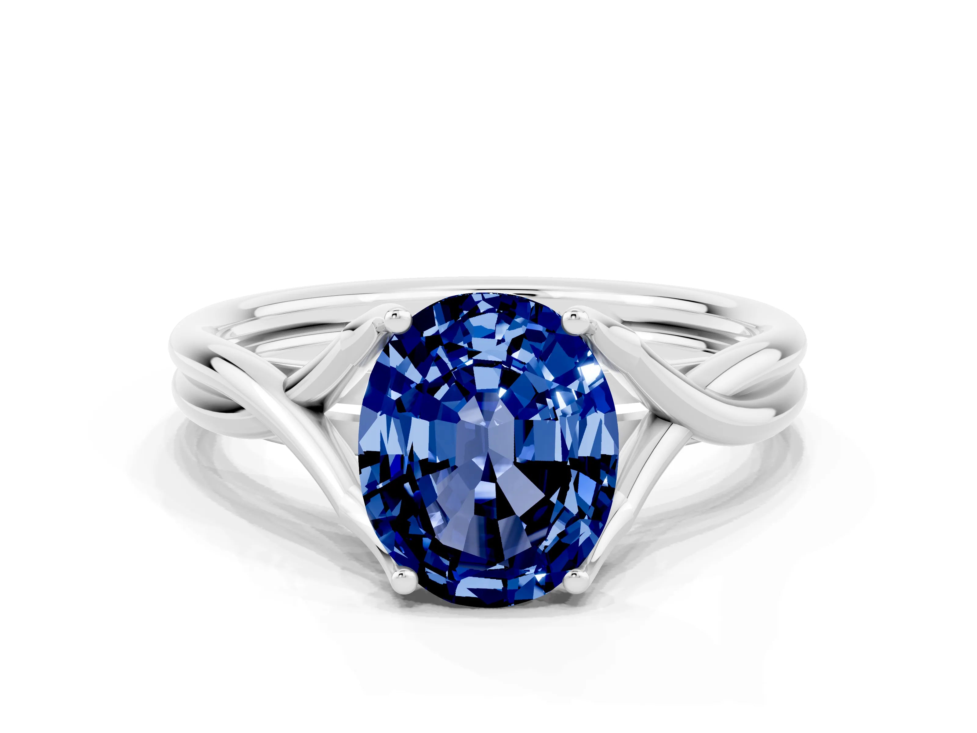 White gold Oval Cut Blue Sapphire Solitaire Twist Band Prong Setting Ring_48