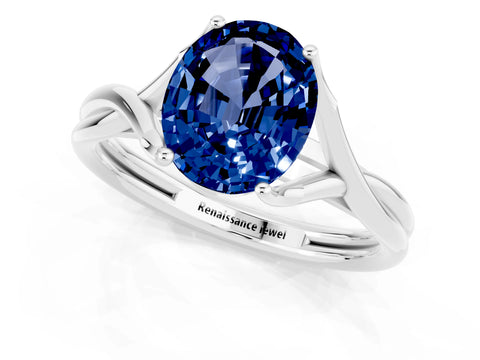White gold Oval Cut Blue Sapphire Solitaire Twist Band Prong Setting Ring_49