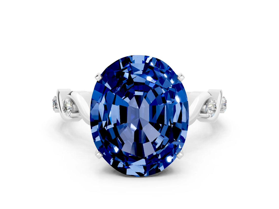 White gold Oval Cut Blue Sapphire Solitaire Twisted Band with Round  Accents and Prong Setting_12