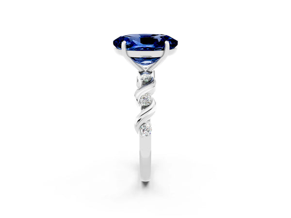 Platinum Oval Cut Blue Sapphire Solitaire Twisted Band with Round  Accents and Prong Setting