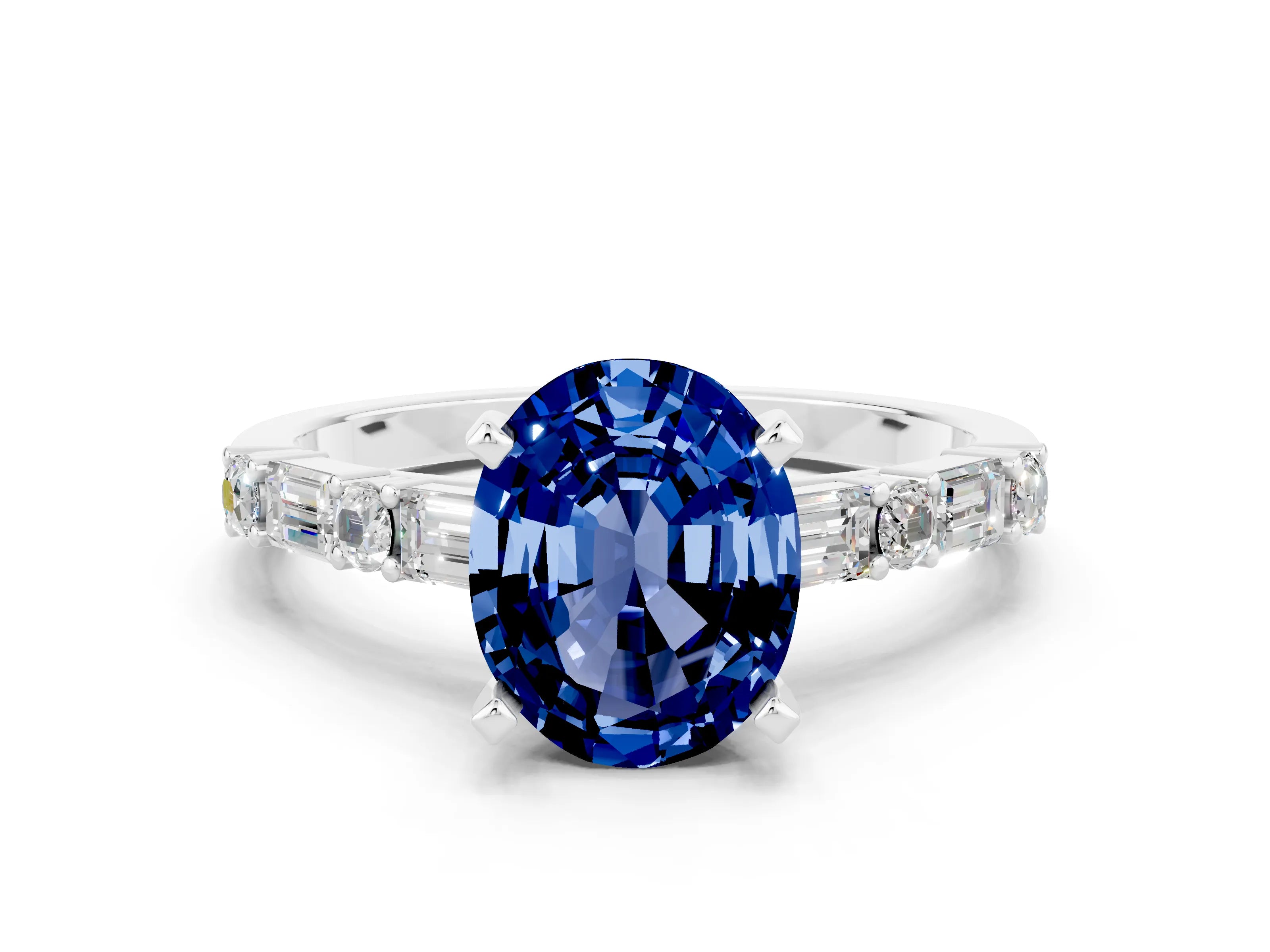 White gold Oval Cut Blue Sapphire Solitaire with Side Baguettes and Channel Set Band