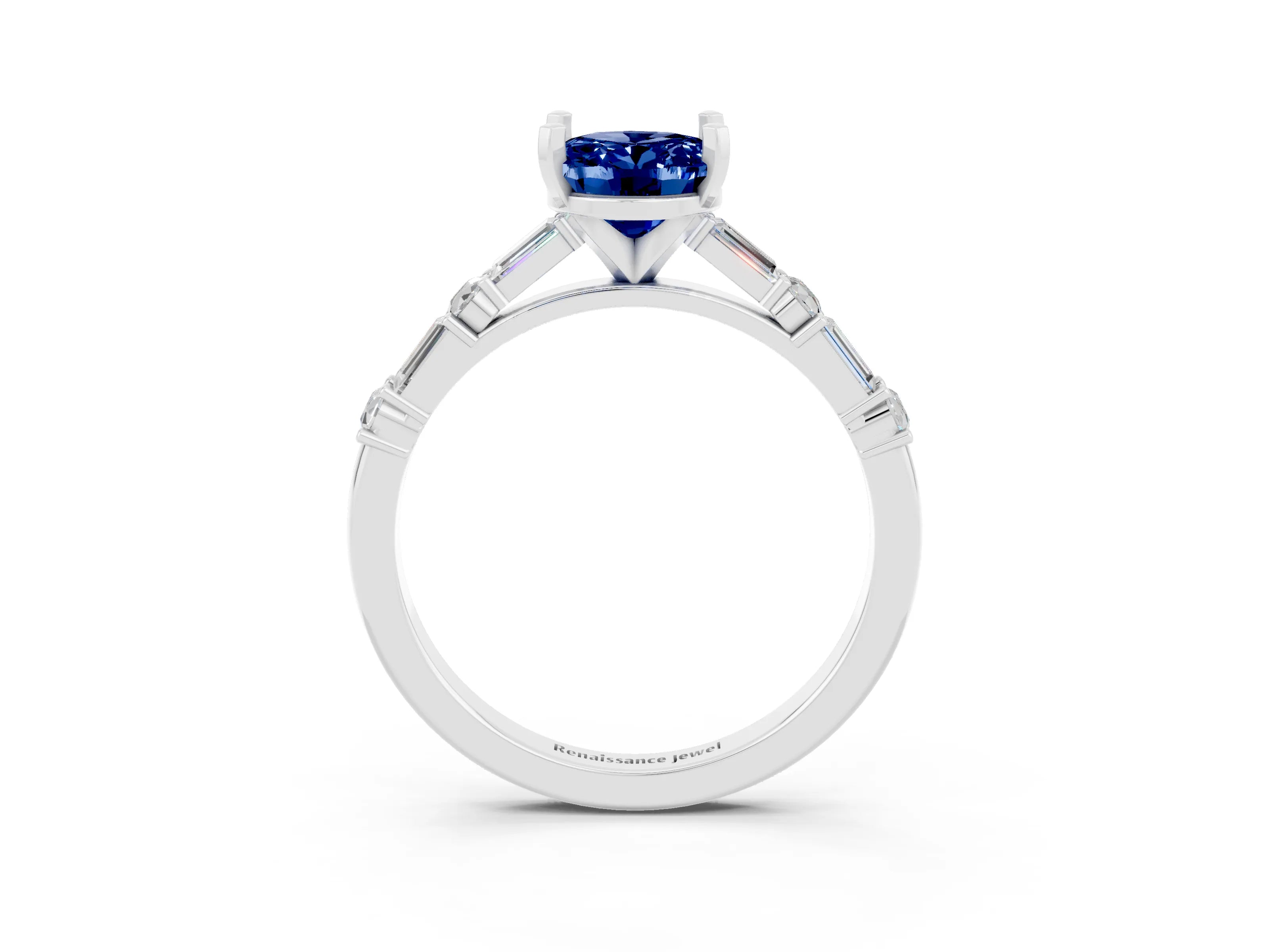 White gold Oval Cut Blue Sapphire Solitaire with Side Baguettes and Channel Set Band_3