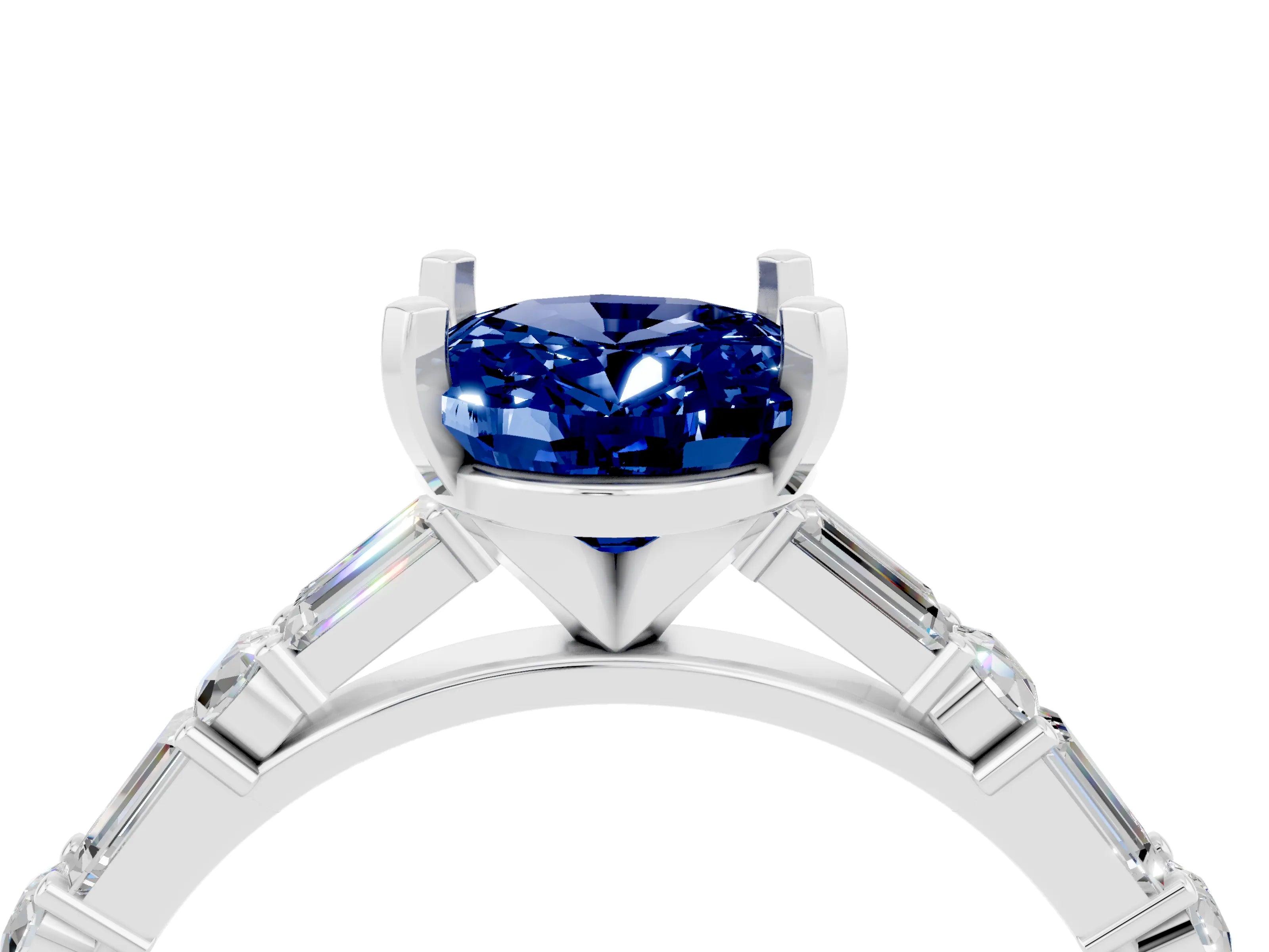 White gold Oval Cut Blue Sapphire Solitaire with Side Baguettes and Channel Set Band_4