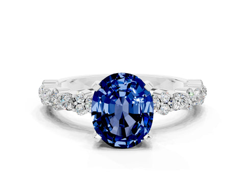 White gold Oval Cut Blue Sapphire Solitaire with Side Stones, Pave Band, Four-Prong Setting_36