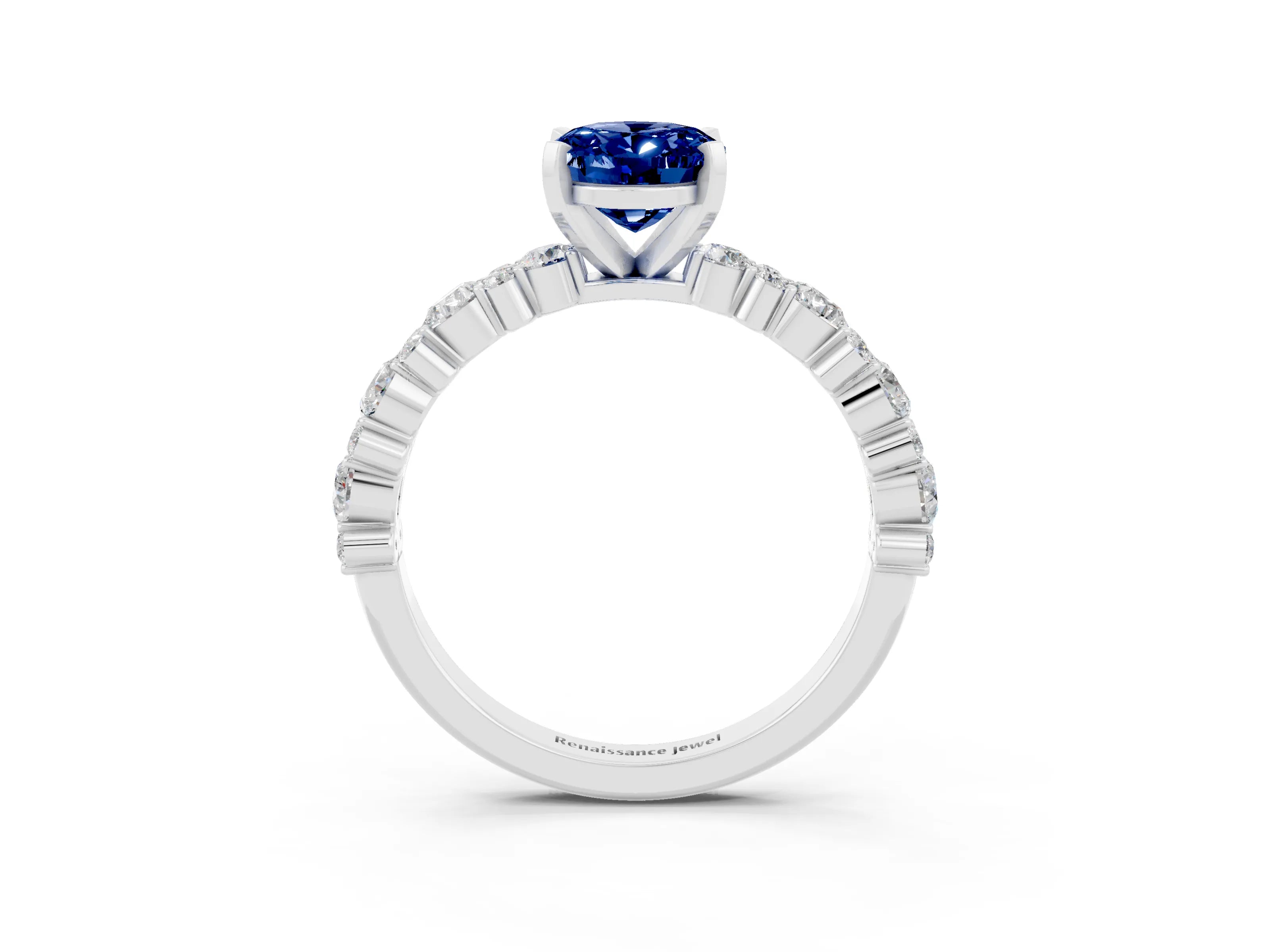 White gold Oval Cut Blue Sapphire Solitaire with Side Stones, Pave Band, Four-Prong Setting_39