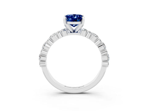 White gold Oval Cut Blue Sapphire Solitaire with Side Stones, Pave Band, Four-Prong Setting_39