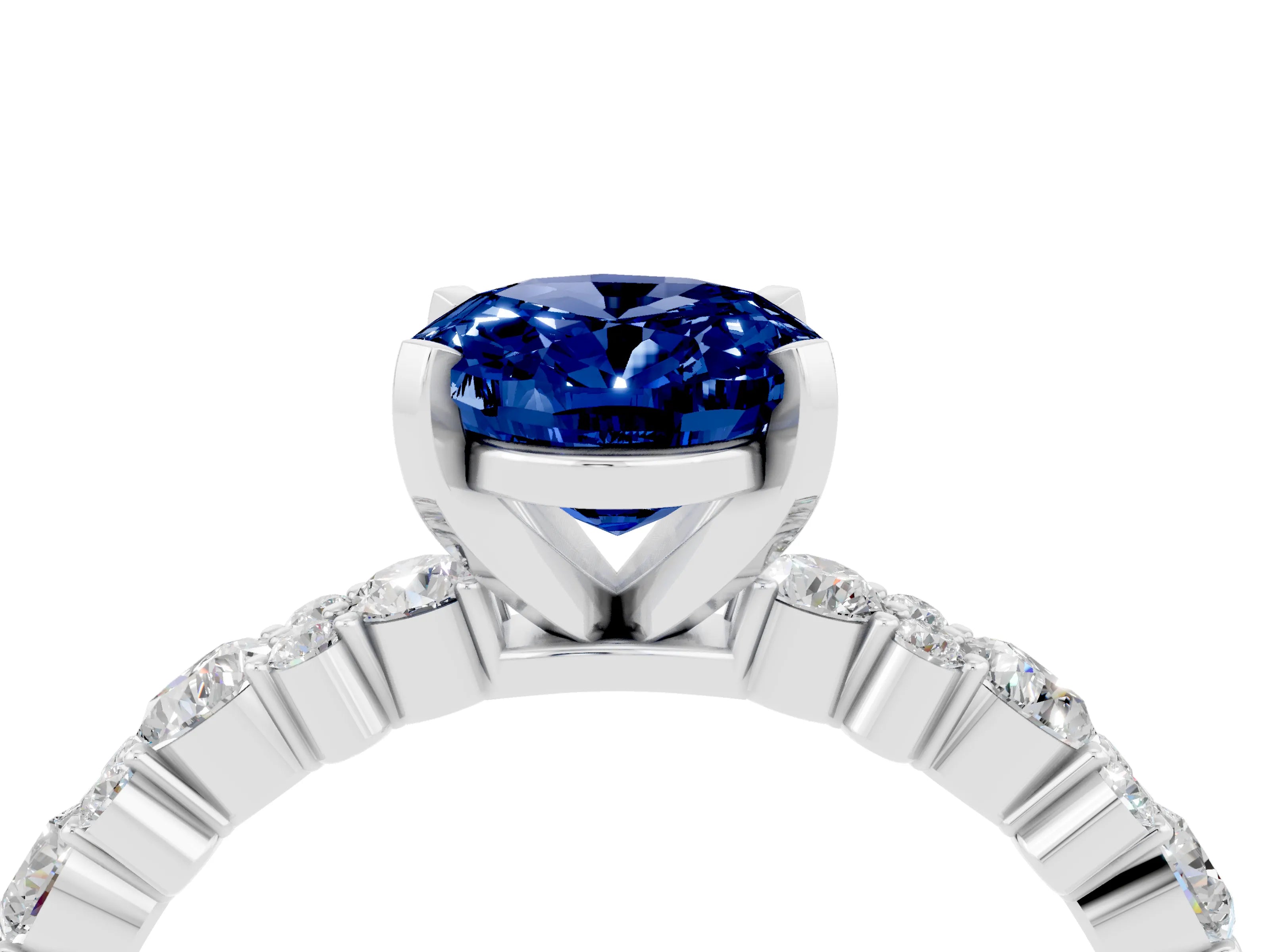 White gold Oval Cut Blue Sapphire Solitaire with Side Stones, Pave Band, Four-Prong Setting_40